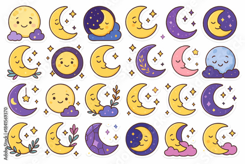 Cute moon and star stickers with smiling faces and night themes