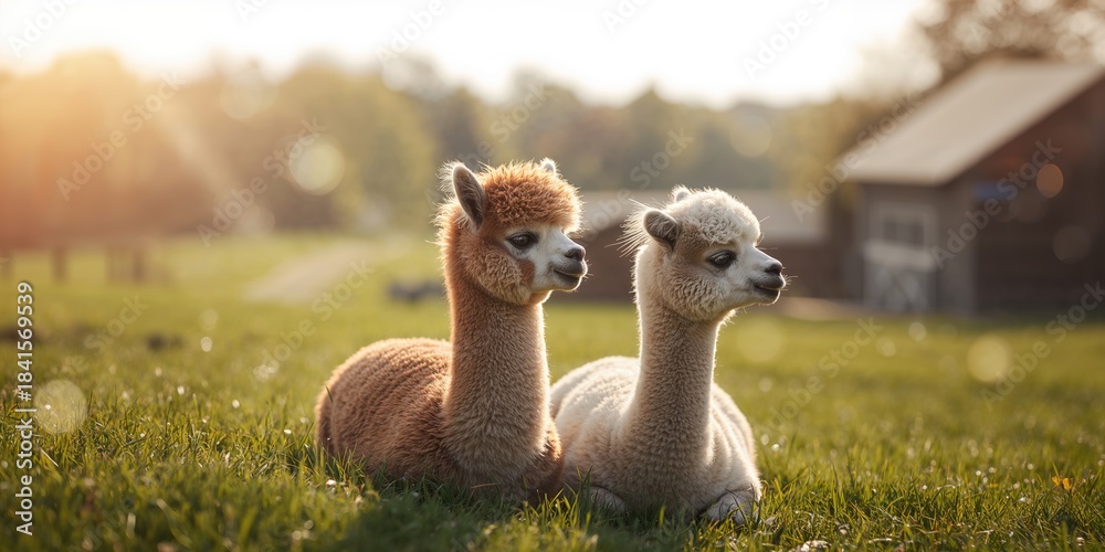 Obraz premium Two alpacas lying in the sun, highlighting animal comfort and peaceful environment