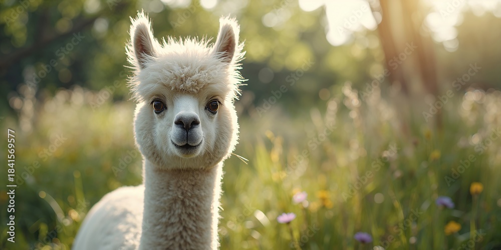 Obraz premium Alpaca showing a cheerful expression amidst green foliage, highlighting animal wellbeing and outdoor habitat, World Animal Day