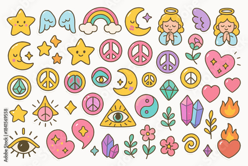 Colorful cartoon doodle collection with stars, hearts, and angels