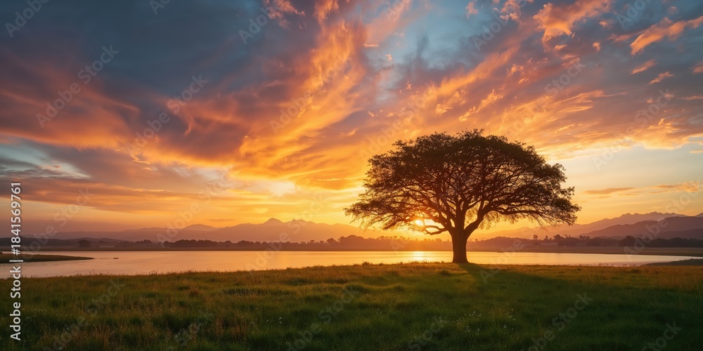 Fototapeta premium Dramatic sunrise casting shadows over a tree silhouette in a natural landscape, seasonal change