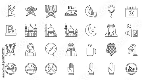 Collection of islamic icons for ramadan and muslim practices
