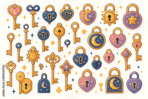 Colorful celestial lock and key stickers with stars and moons