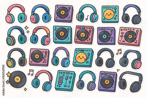 Colorful cartoon music equipment set featuring headphones and vinyl records