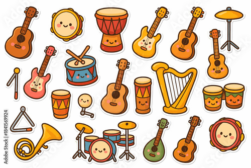 Cute cartoon musical instruments: guitars, drums, and more with smiling faces