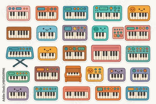 Cute colorful cartoon keyboard pianos with smiling faces in various designs