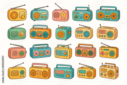 Colorful retro radio collection with vintage design stickers