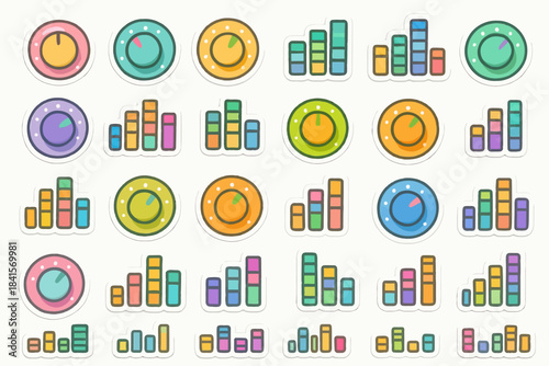 Colorful music control and bar graph stickers in circular and bar designs