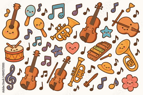 Cute musical instrument pattern with smiling faces and notes