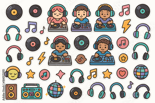 Diverse children djs with headphones and music symbols