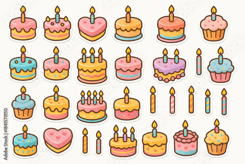 Colorful cartoon birthday cakes with candles and cupcakes