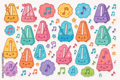 Colorful cartoon metronomes and musical notes with cute faces