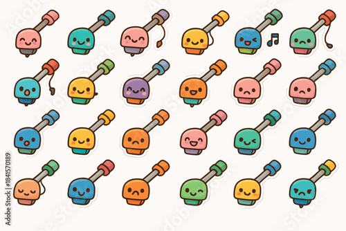 Colorful kawaii bottle characters with various expressions in grid pattern