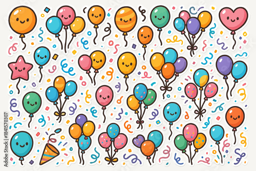 Colorful cartoon balloons with faces and confetti design for celebrations