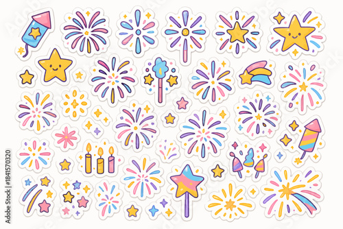 Colorful cartoon firework stickers with stars and smiling faces
