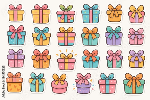 Colorful cartoon gift boxes with bows and patterns in various shapes