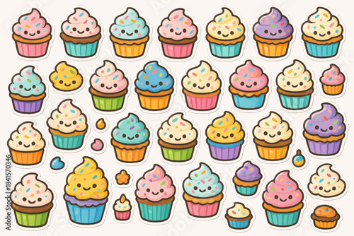 Colorful cartoon cupcake stickers with smiling faces and pastel toppings