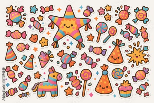 Colorful cartoon candy and celebration stickers with stars and cupcakes