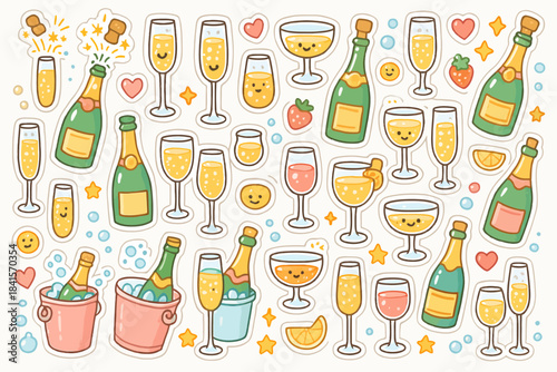 Colorful pattern of champagne and wine glasses with bubbly bottles and emojis