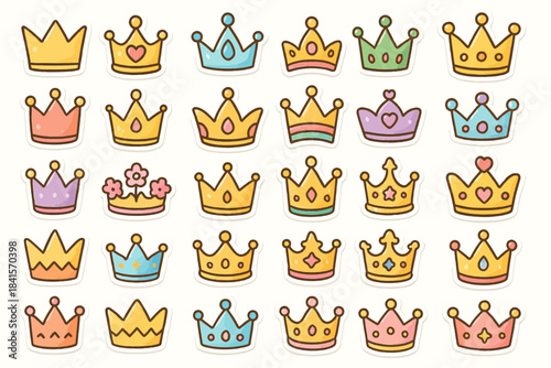 Colorful cartoon crowns collection on white background