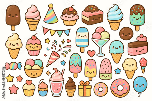 Cute and colorful kawaii ice cream and dessert cartoon collection