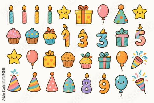 Colorful birthday sticker set with candles, cupcakes, balloons, and gifts for celebration fun