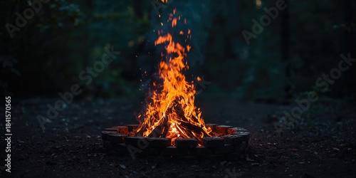 Fototapeta Naklejka Na Ścianę i Meble -  Wooden logs burning in a bonfire with bricks surrounding it during a woodland night, safety focus