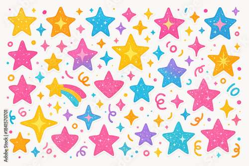 Colorful glittery stars and rainbows pattern on white background