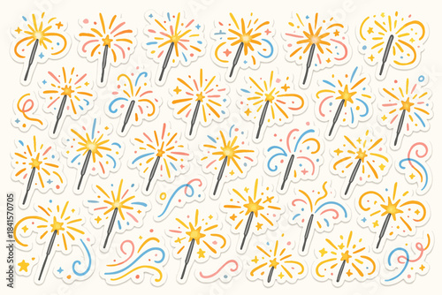 Colorful festive sparkler stickers with stars and swirls on white background