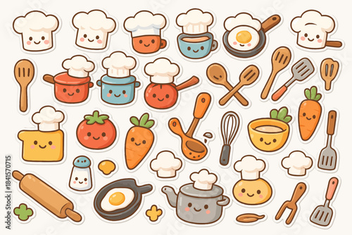 Cute cartoon chef theme: adorable cooking utensils, ingredients, and chef characters