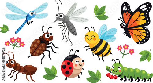 Cartoon insect illustration, colorful bugs, dragonfly butterfly bee, nature theme, kids design, vector art, cad drawing flat vector illustration