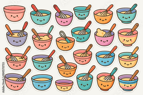 Cute kawaii bowls with whisks and faces in various colors and expressions