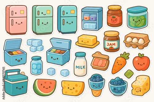 Cute kawaii grocery stickers with smiling fruits vegetables and food items