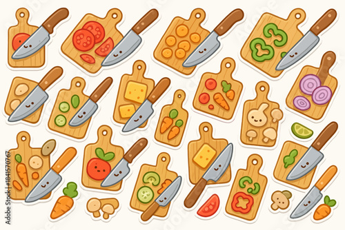 Cute cartoon cutting boards with knives and various vegetables and fruits