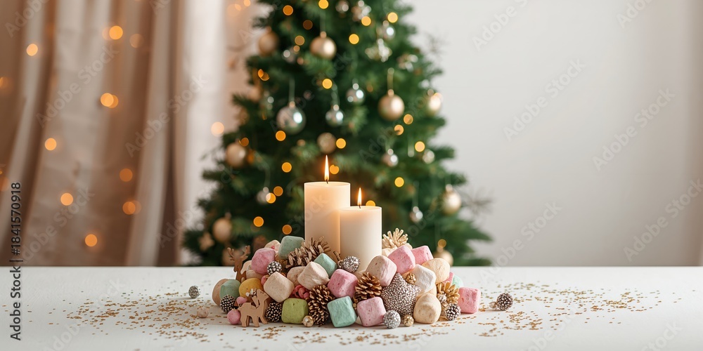 Fototapeta premium Festive home decoration with candles, colorful marshmallows, and holiday trees, seasonal celebration