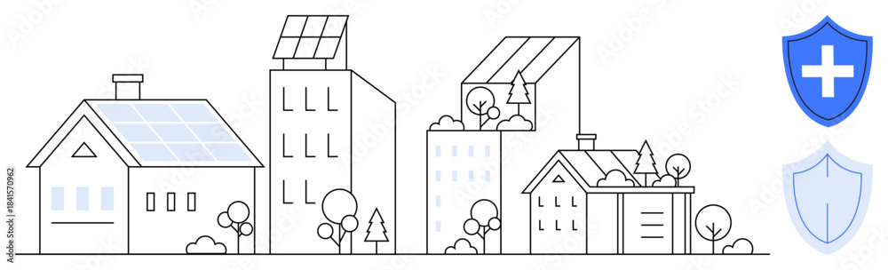 Fototapeta premium Renewable energy, urban sustainability, eco-conscious housing, environmental health, green technology, solar power. Cityscape houses with solar panels and shield icons. Renewable energy and urban