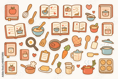Cute cooking icons: kitchen tools, cookbooks, and food illustrations