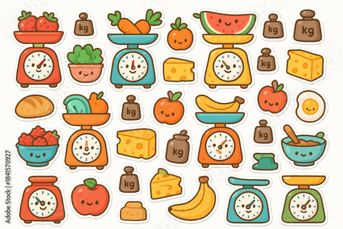 Cute cartoon kitchen scales with fruits and veggies in whimsical design