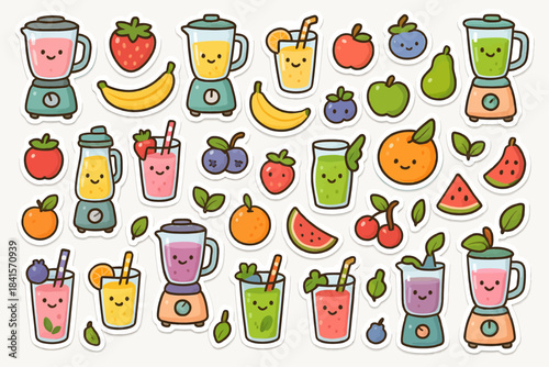 Colorful cartoon juicers and fruits with smiling faces
