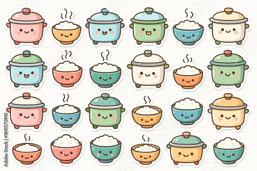 Cute cartoon rice cookers and bowls in various pastel colors with smiling faces