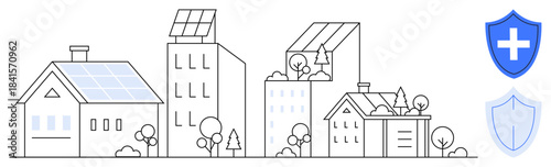 Renewable energy, urban sustainability, eco-conscious housing, environmental health, green technology, solar power. Cityscape houses with solar panels and shield icons. Renewable energy and urban