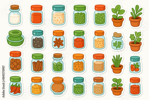 Colorful collection of spice jars and herb pots in a cute pattern