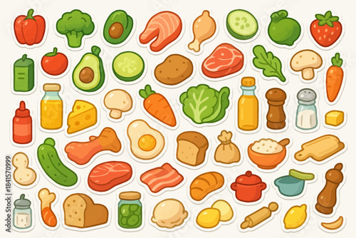 Assorted food icons: vegetables, meats, and pantry items illustrated