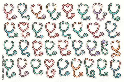 Colorful pattern of stethoscope stickers in pastel shades for medical enthusiasts