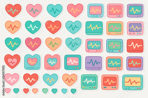 Colorful heart and monitor stickers with heartbeat designs