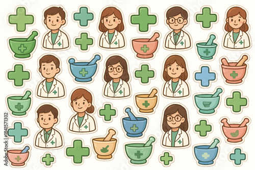 Cartoon pharmacists and mortar icons pattern