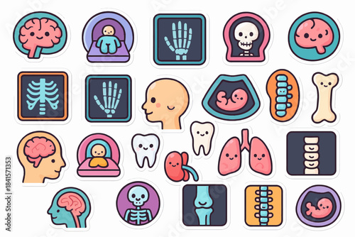 Cute medical icons set: brain, skeleton, baby ultrasound, spine, lungs, teeth
