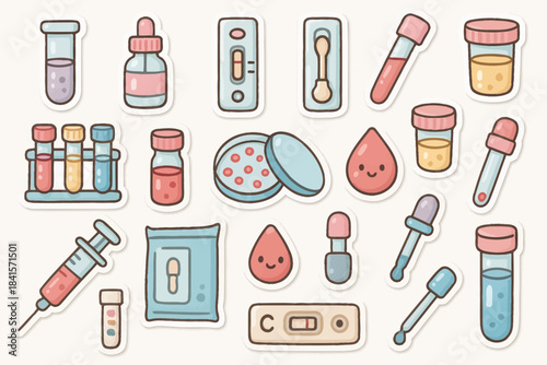 Cute cartoon medical supplies with test tubes and syringes