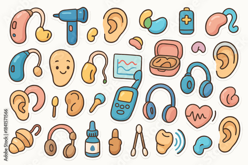 Cartoon hearing aids and ear care elements collection with headphones and ears