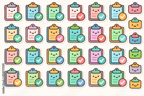 Cute kawaii clipboards with happy faces in pastel colors